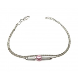 PULSERA PLATA TRIPLE COLA DE RATÓN FORMA RECTANGULAR ALARGADA Y PERLA ROSA CLARO LARGO 19.5 CM
