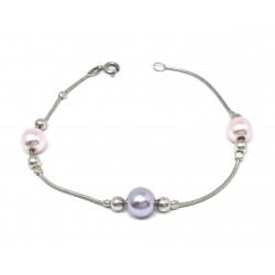PULSERA PLATA COLA DE RATÓN 6 BOLAS PLATA TRES BOLAS ROSA/VIOLETA LARGO 19.5 CM