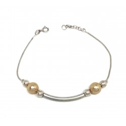 PULSERA PLATA COLA DE RATÓN BOLAS TUBO ALARGADO Y PERLAS BEIGE LARGO 18   2 CM