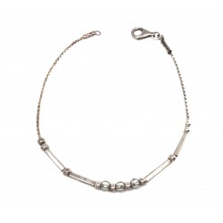 PULSERA PLATA COLA DE RATÓN TUBOS ALARGADOS Y TRES BOLAS BLANCAS SEMITRANSPARENTES LARGO 20 CM